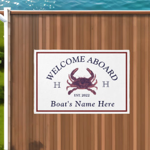 Nautical Boat Name Red Crab Welcome White Navy Outdoor Rug