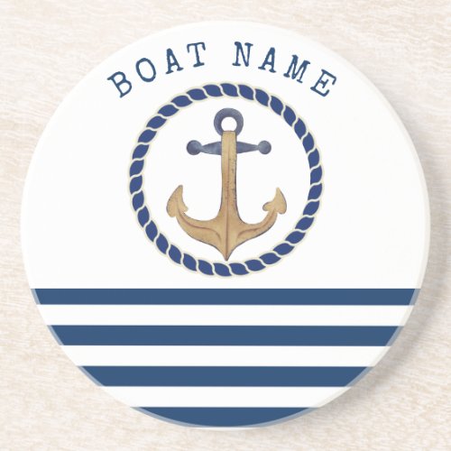 Nautical Boat NameRetro Anchor Navy Blue Striped  Coaster