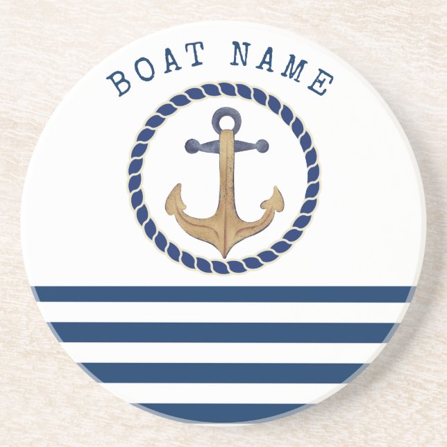 Nautical Boat Name,Retro Anchor Navy Blue Striped  Coaster (Front)