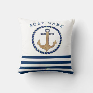 Nautical Boat Name,Retro Anchor Navy Blue Striped Throw Pillow