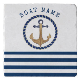 Nautical Boat Name,Retro Anchor Navy Blue Striped  Trivet