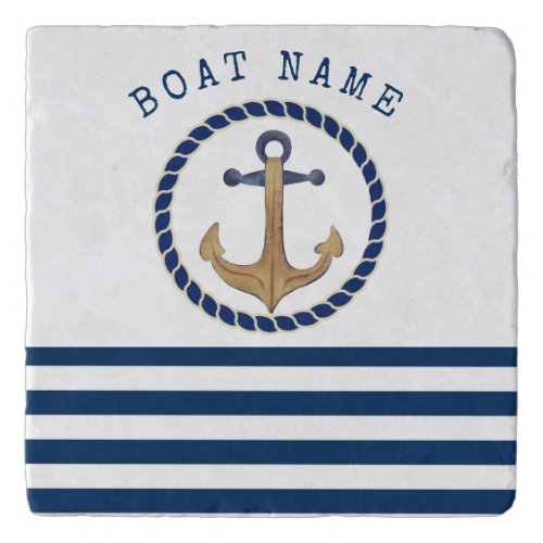 Nautical Boat NameRetro Anchor Navy Blue Striped  Trivet