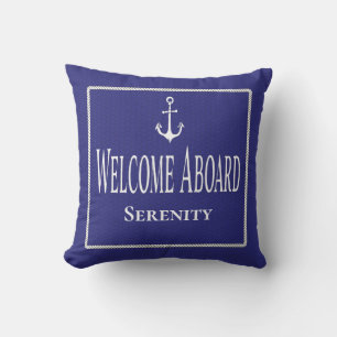 Nautical Boat Name Rope Anchor Blue Welcome Throw Pillow