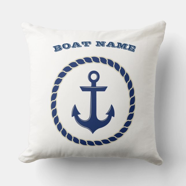 Nautical Boat Name,Rope,Anchor Navy Blue Striped Throw Pillow (Front)