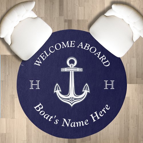 Nautical Boat Name Rope Navy Blue White  Outdoor Rug