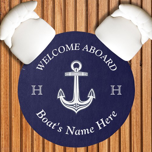 Nautical Boat Name Rope Navy Blue White  Outdoor Rug