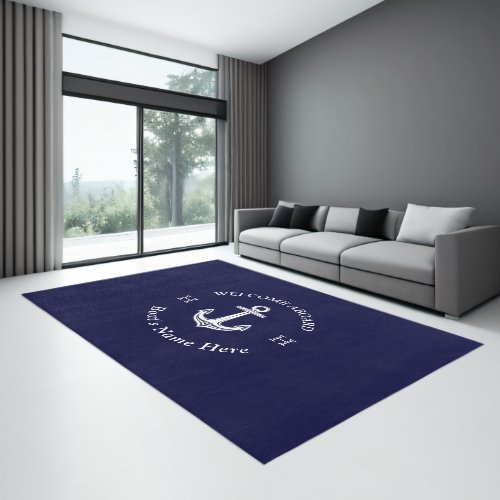 Nautical Boat Name Rope Navy Blue White  Rug