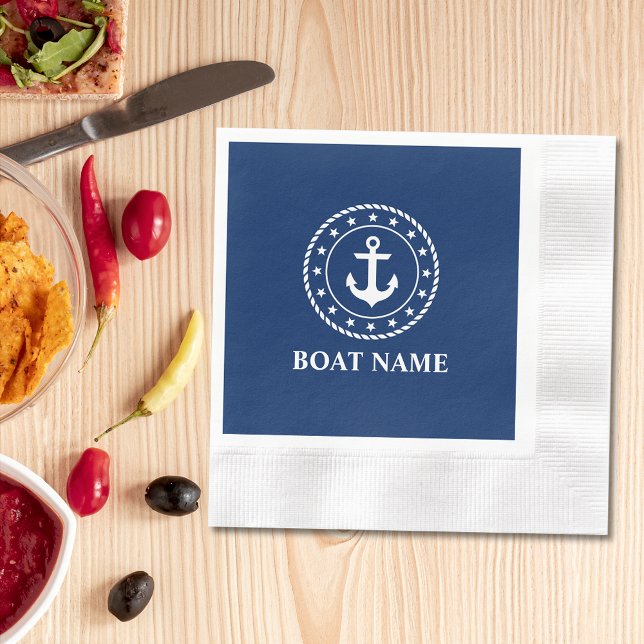 Nautical Boat Name Rope Stars Anchor Navy Blue Napkins (Customize to change background color, text size or text style. )