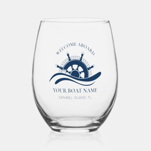 Nautical Boat Name Ship Wheel Navy Blue  Stemless Wine Glass