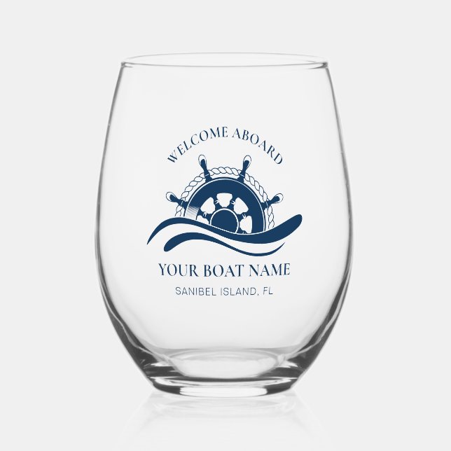 Nautical Boat Name Ship Wheel Navy Blue Stemless Wine Glass