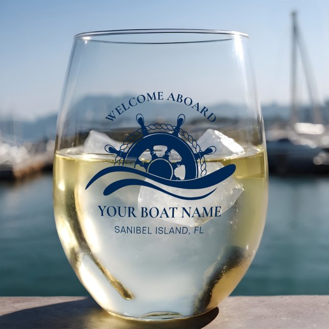 Nautical Boat Name Ship Wheel Navy Blue  Stemless Wine Glass (Creator Uploaded)