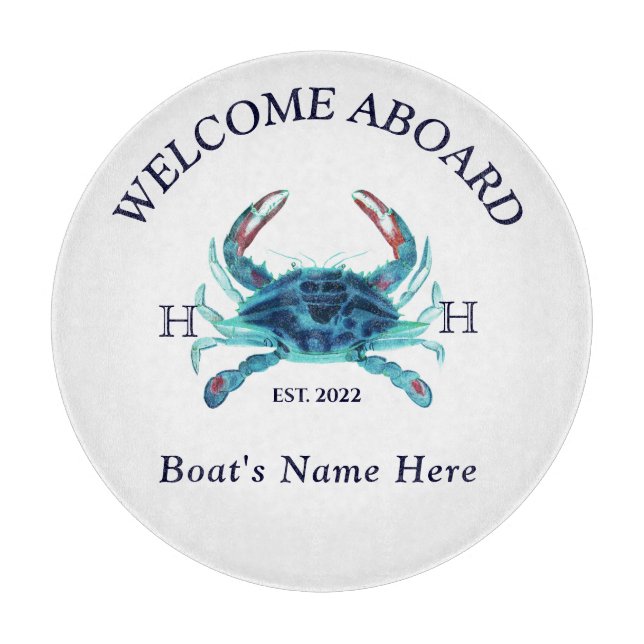 Nautical Boat Name Teal Crab Welcome Navy Blue Cutting Board (Front)