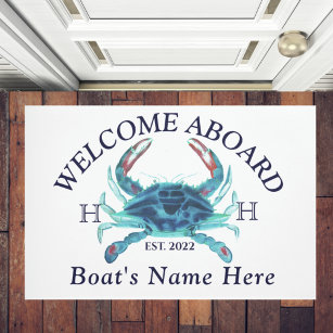 Nautical Boat Name Teal Crab Welcome Navy Blue  Doormat