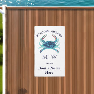 Nautical Boat Name Teal Crab Welcome Navy Blue  Outdoor Rug