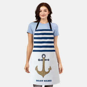 Nautical Boat Name,Vintage Anchor Navy Blue Stripe Apron