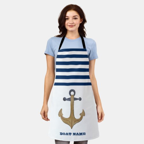 Nautical Boat NameVintage Anchor Navy Blue Stripe Apron