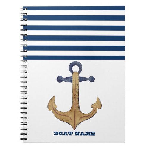 Nautical Boat NameVintage Anchor Navy Blue Stripe Notebook