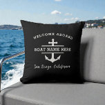 Nautical Boat Name Welcome Aboard Anchor Black Throw Pillow<br><div class="desc">Add coastal charm to any room with this black nautical throw pillow, featuring a bold anchor, “Welcome Aboard, ” and your custom boat name. The high-contrast design offers a crisp, modern maritime look that complements beach homes, lake houses, cabins, boats, and nautical-themed décor. Perfect for sofas, bunks, deck seating, or...</div>