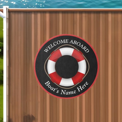 Nautical Boat Name Welcome Aboard Black Red White  Outdoor Rug