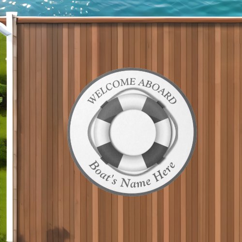 Nautical Boat Name Welcome Aboard Gray White Round Outdoor Rug