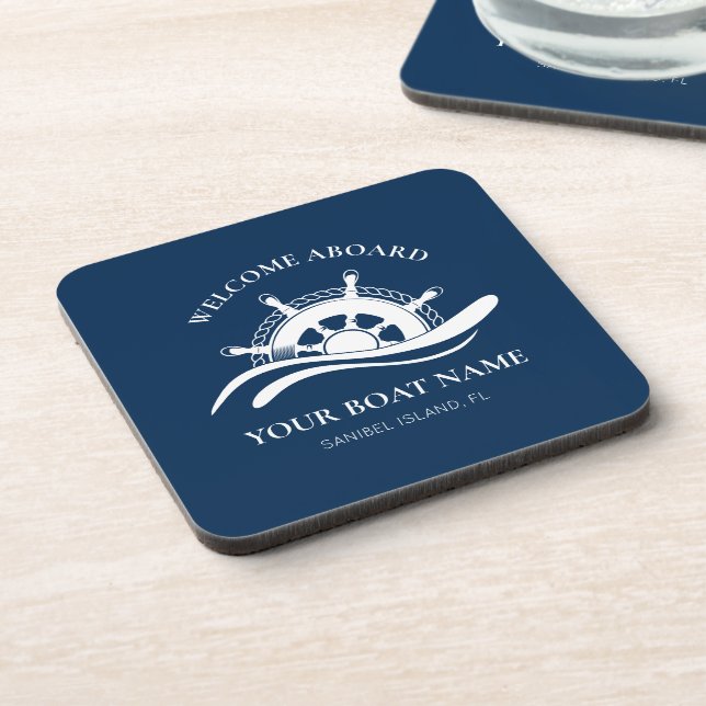 Nautical Boat Name Welcome Aboard Ship Wheel Beverage Coaster (Left Side)