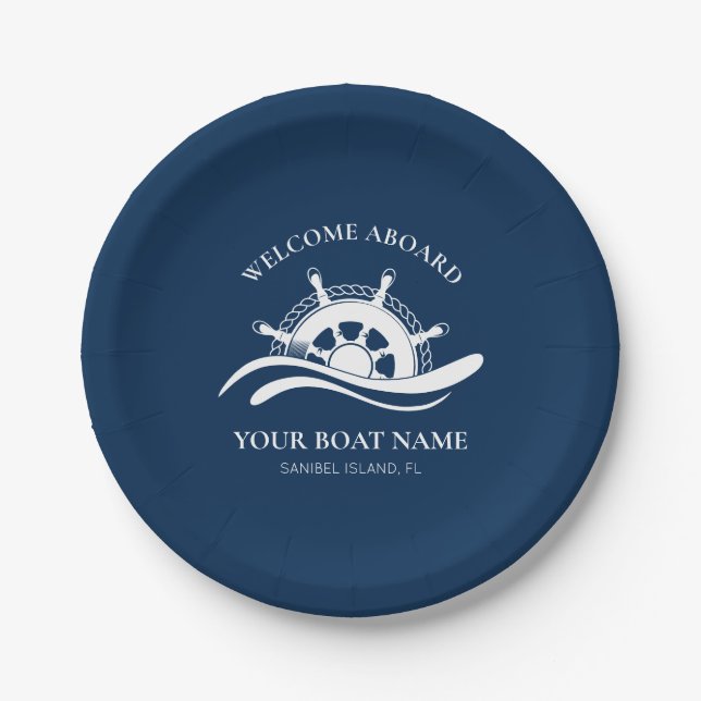 Nautical Boat Name Welcome Aboard Ship Wheel Navy Paper Plates (Front)