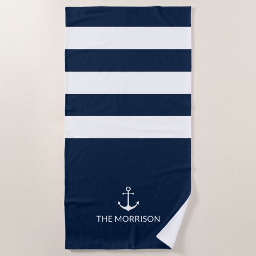 Nautical Boat Name white anchor navy blue Stripes Beach Towel