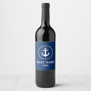 Nautical Boat Name Year Anchor Rope Navy Blue Wine Label