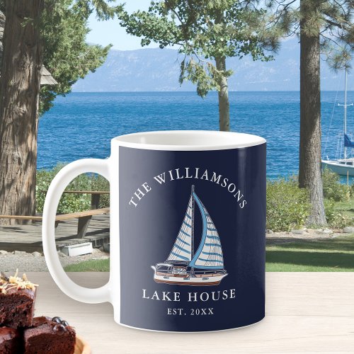 Nautical Boat Navy Blue Family Name Lake House Coffee Mug