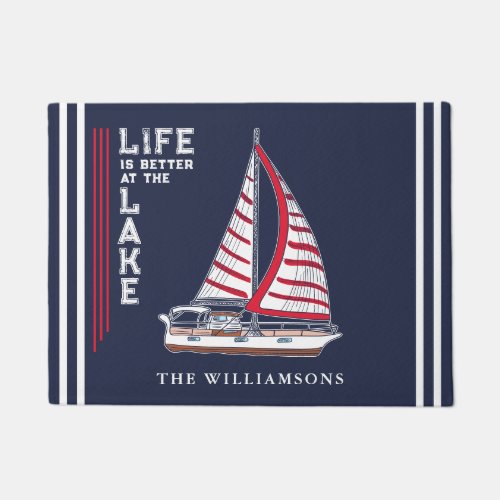 Nautical Boat Navy Blue Life is Better at the Lake Doormat