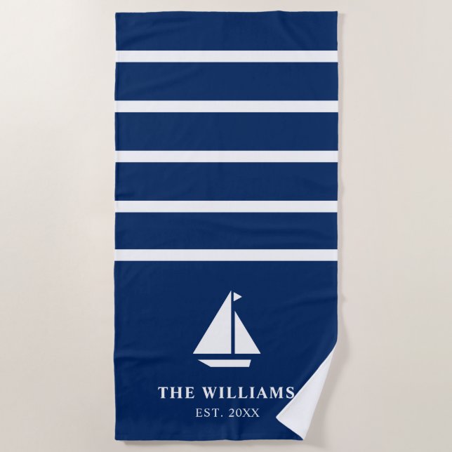 Nautical Boat Navy Blue Striped Add Name Text Beach Towel (Front)