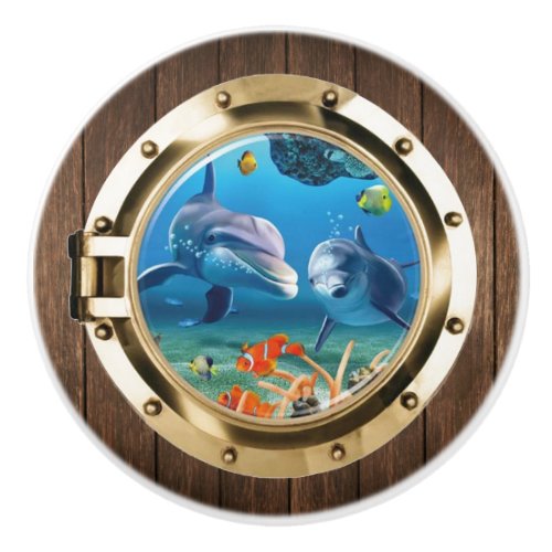 Nautical Boat Porthole Underwater Ocean Dolphin Ceramic Knob