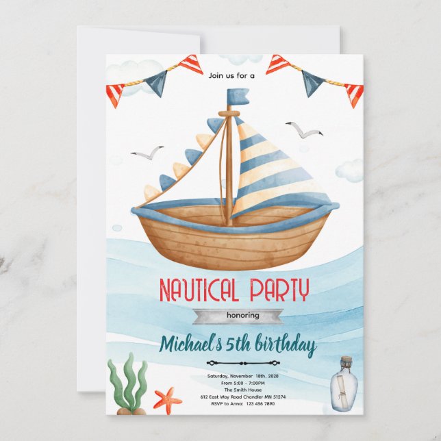 Nautical boat theme party invitation (Front)