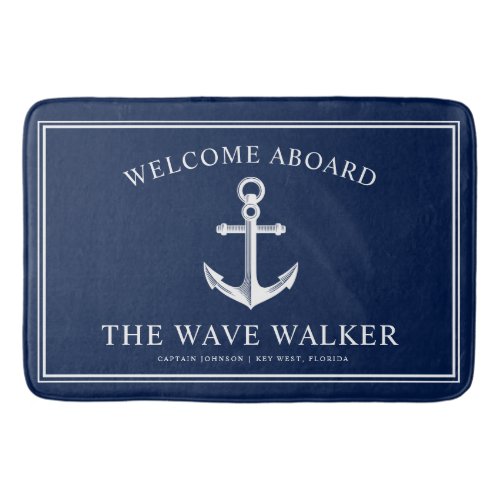 Nautical Boat Welcome | Navy and White Bath Mat