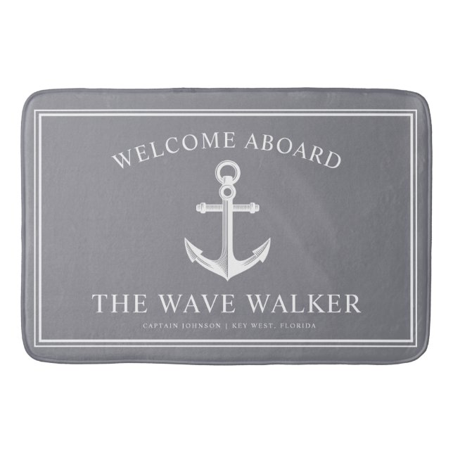 Nautical Boat Welcome | Slate Grey and White Bath Mat (Front)