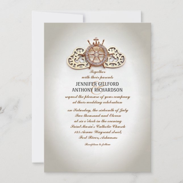 nautical boat wheel and love hearts wedding invite (Front)