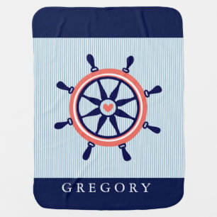 Nautical Boat Wheel & Baby Blue Stripes Swaddle Blanket