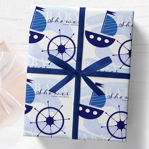 Nautical Boat Wheel Baby Shower Navy Blue Wrapping Paper