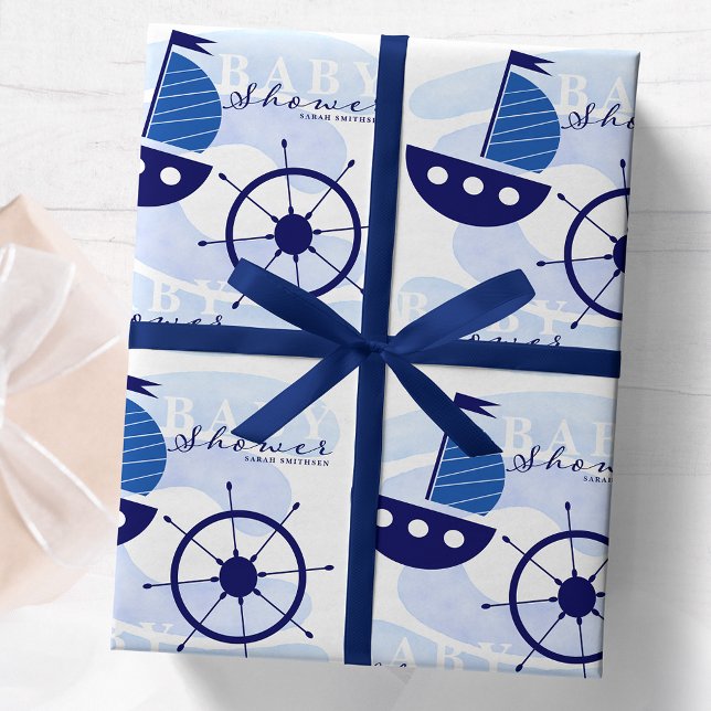 Nautical Boat Wheel Baby Shower Navy Blue Wrapping Paper (Creator Uploaded)