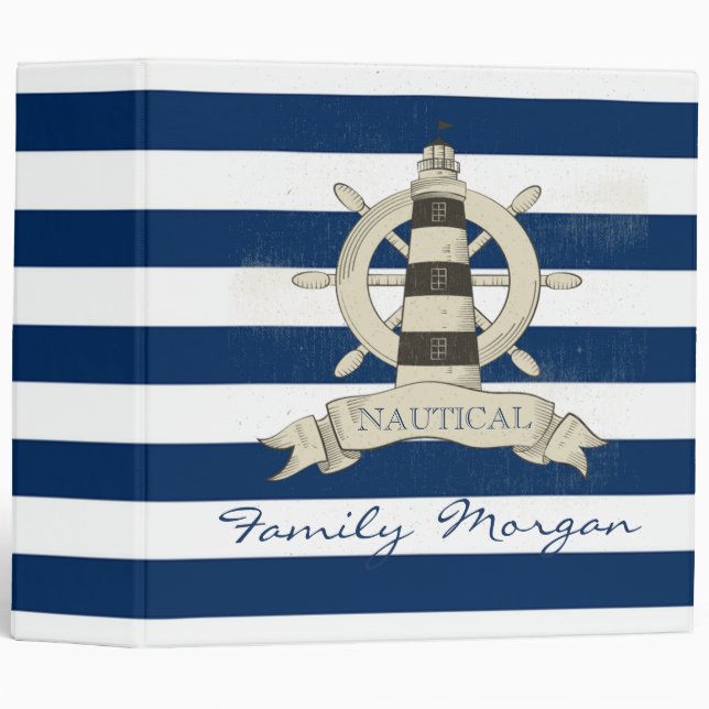 Nautical,Boat Wheel,Blue and White Stripes 3 Ring Binder (Front/Spine)