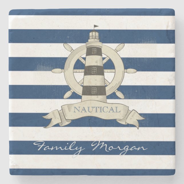 Nautical,Boat Wheel,Blue and White Stripes Stone Coaster (Front)