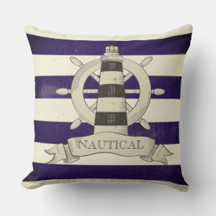 Nautical,Boat Wheel,Blue and White Stripes Throw Pillow