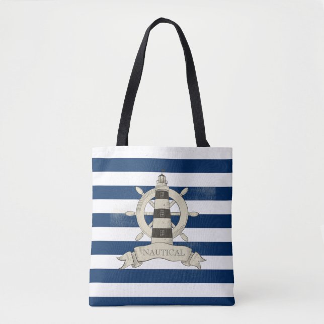 Nautical,Boat Wheel,Blue and White Stripes Tote Bag (Front)