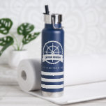 Nautical Boat Wheel Nave Blue Personalized Water Bottle<br><div class="desc">This classic nautical water bottle features a navy blue water bottle,  white stripes,  boat wheel with you name and tag line under. Makes a great gift for birthdays,  retirements,  weddings and more,  for boat captains,  yacht owners and anyone who loves the ocean.</div>