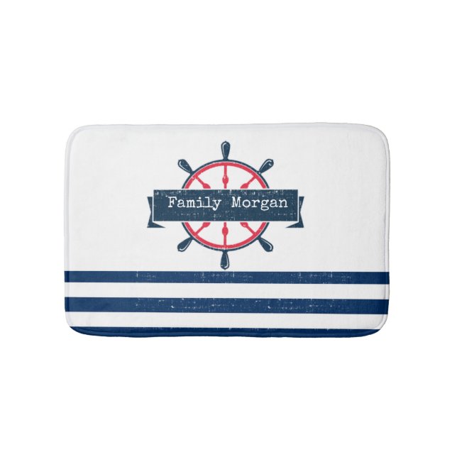 Nautical Boat Wheel, Navy Blue Striped Bath Mat (Front)