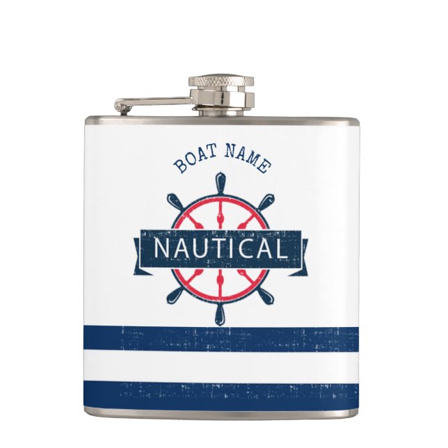 Nautical Boat Wheel, Navy Blue Striped Flask (Front)