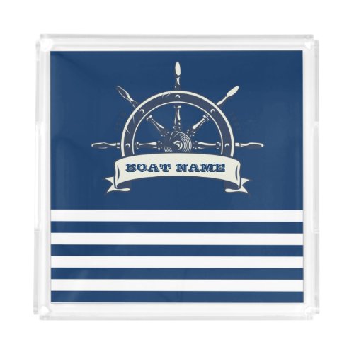 Nautical Boat Wheel Navy Blue Stripes Acrylic Tray