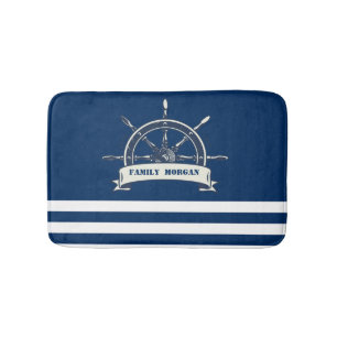 Nautical Boat Wheel, Navy Blue Stripes Bath Mat