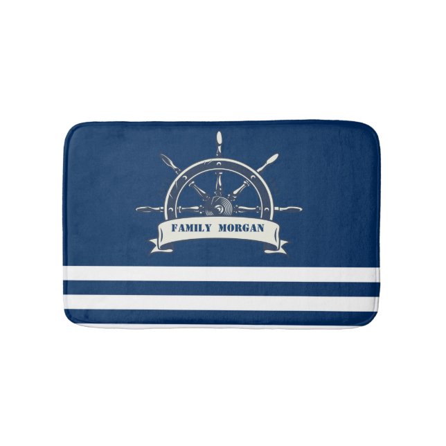 Nautical Boat Wheel, Navy Blue Stripes Bath Mat (Front)