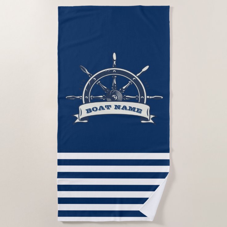 Nautical Boat Wheel, Navy Blue Stripes Beach Towel | Zazzle